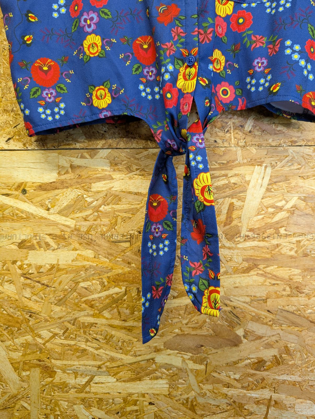 Lindy Bop Blouse Size UK 16 Navy Blue Shirt Floral Tie Front Light Short Sleeve