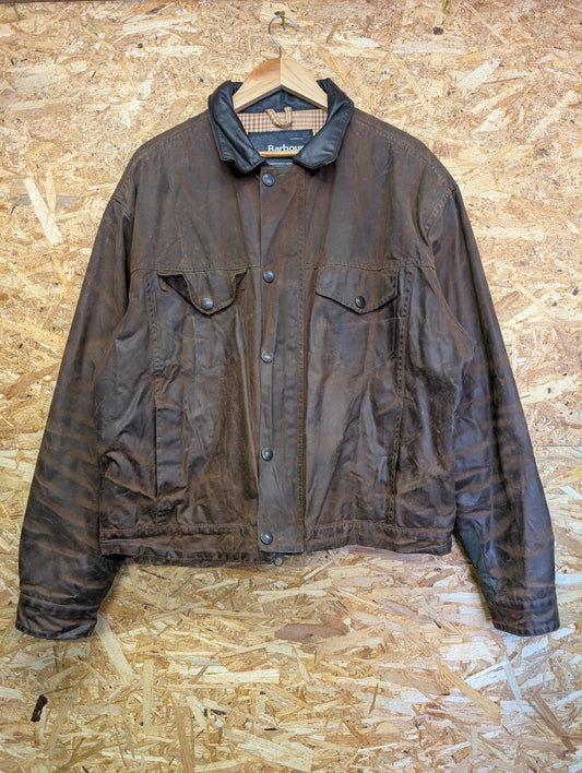 Barbour Drover Wax Jacket XL Padded Brown Cotton Trucker Short Leather Collar