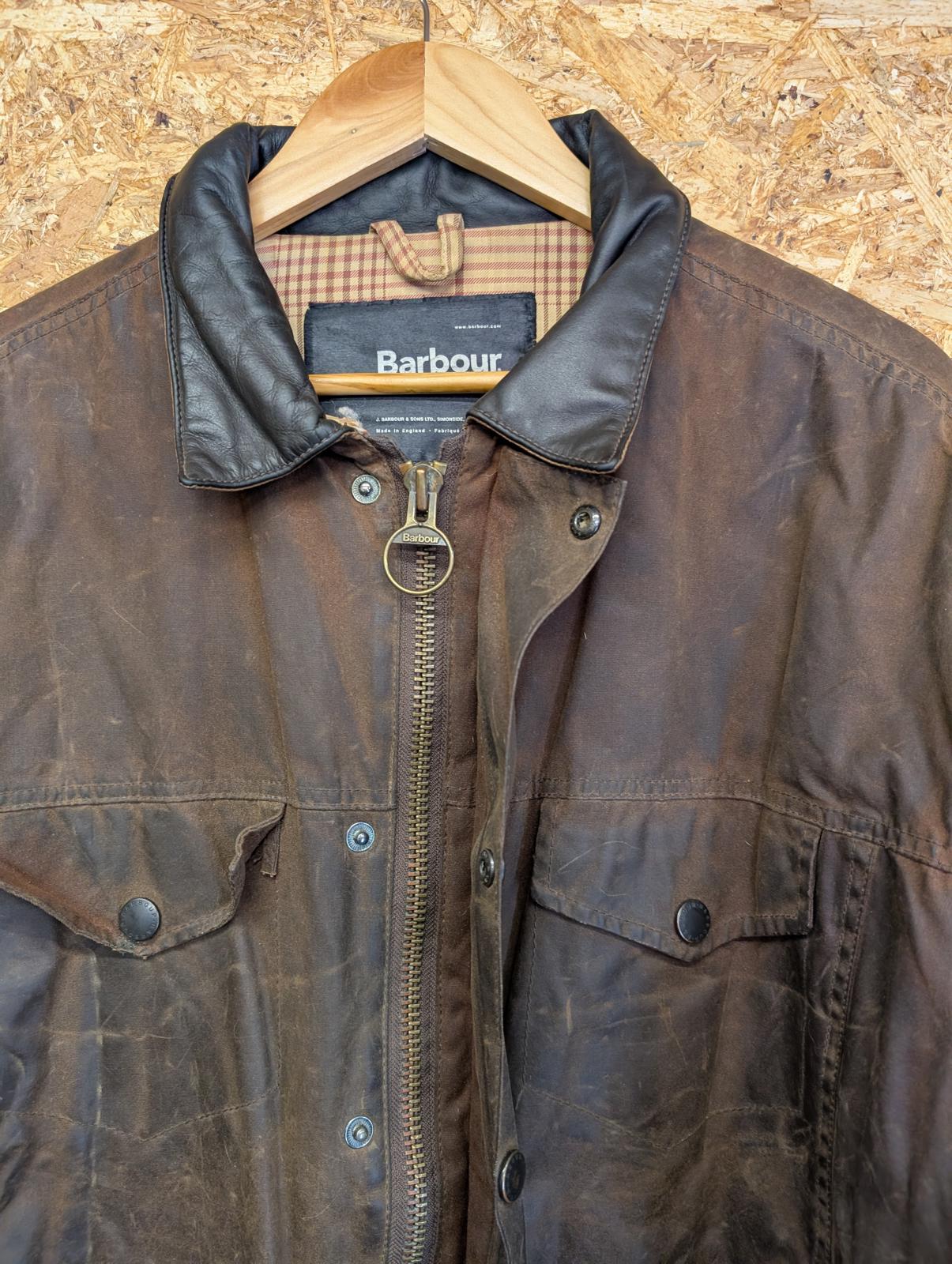 Barbour Drover Wax Jacket XL Padded Brown Cotton Trucker Short Leather Collar