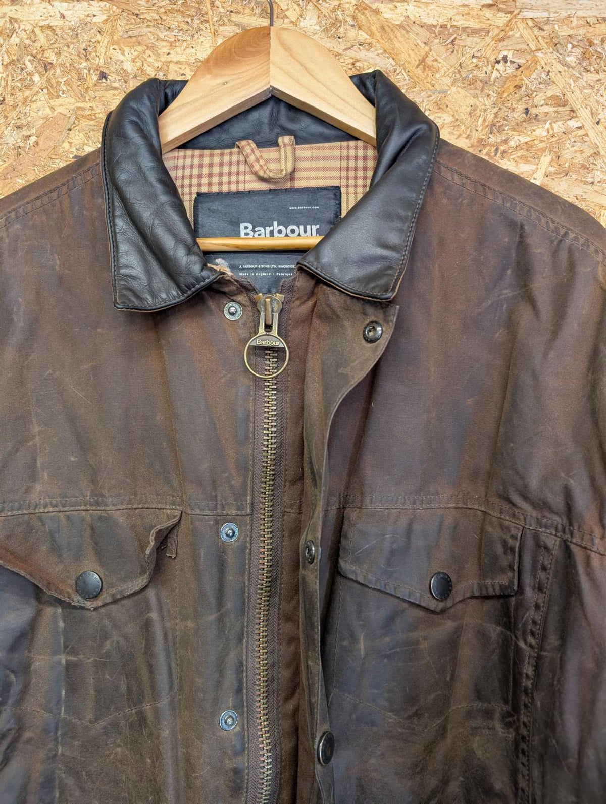 Barbour Drover Wax Jacket XL Padded Brown Cotton Trucker Short Leather Collar