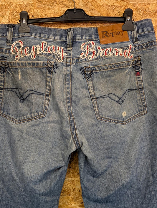 Y2K Replay Jeans W36 L32 Distressed Blue Denim Baggy Straight Leg Vintage Button
