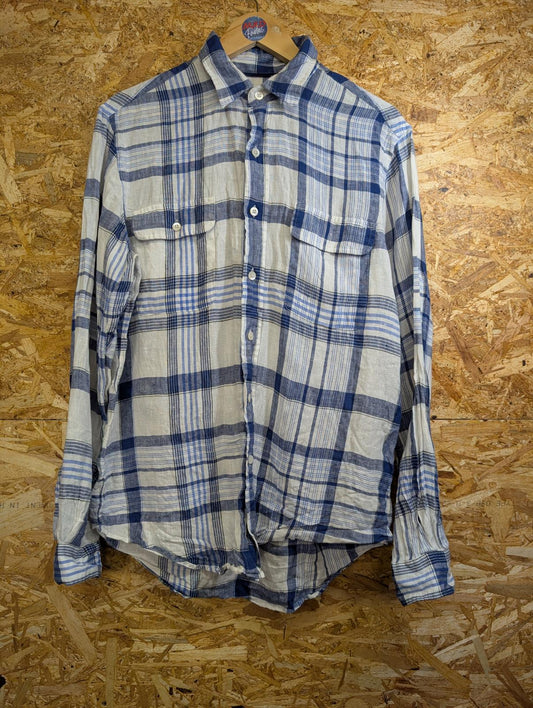 Ralph Lauren Linen Shirt Medium Men Blue White Check L/S Collar Pockets Polo