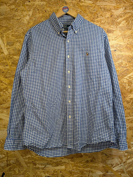 Ralph Lauren Shirt XL Men Blue White Gingham Check L/S Button Collar Polo Slim