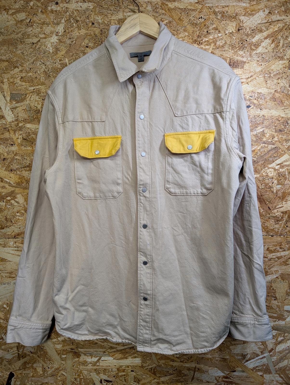 Calvin Klein Denim Over-Shirt XL Men Cream Yellow Jacket Pockets Snap Buttons
