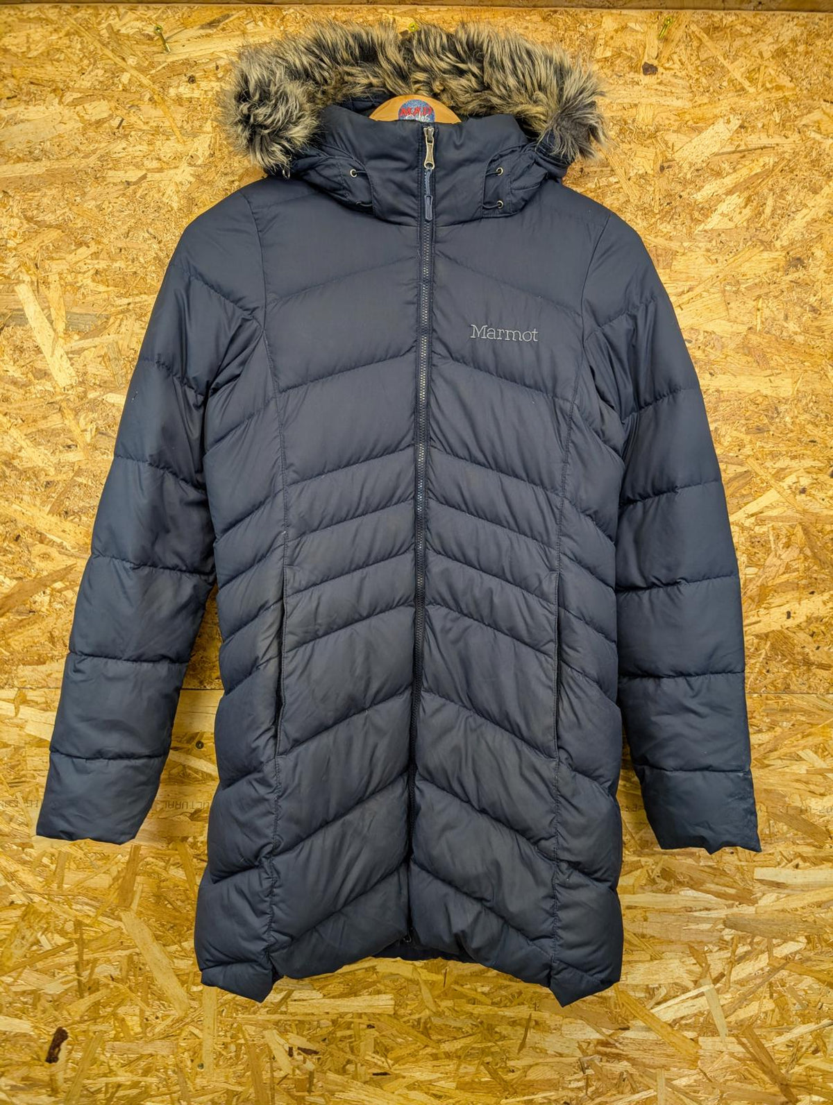 Marmot Long Fleece Lined Puffer Coat XS Women Navy Blue Feather 700 Fill Down