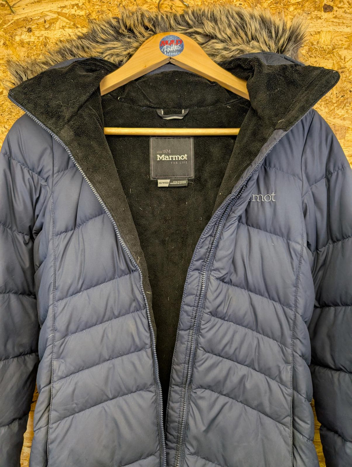 Marmot Long Fleece Lined Puffer Coat XS Women Navy Blue Feather 700 Fill Down