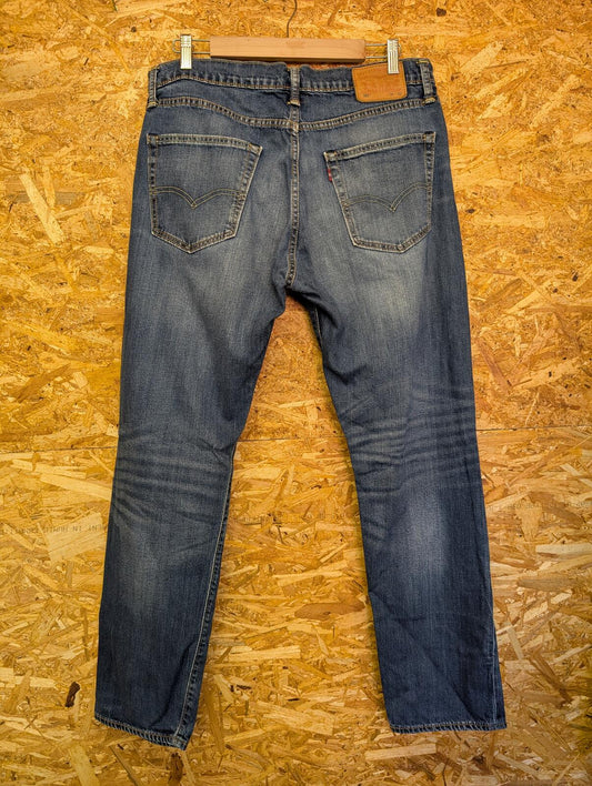 Levis 502 Jeans W34 L32 Men Mid Blue Denim Slight Tapered Leg Zip Fly Leather