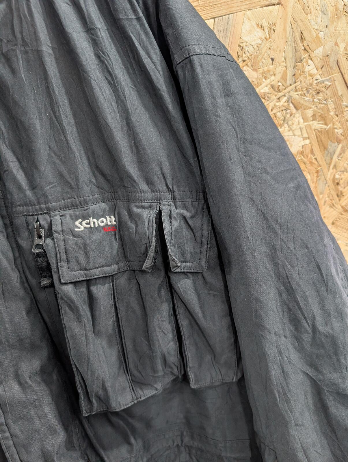 Schott NYC Parka Jacket Large Black Utility Zip Pockets USA 90s Insulated Hood