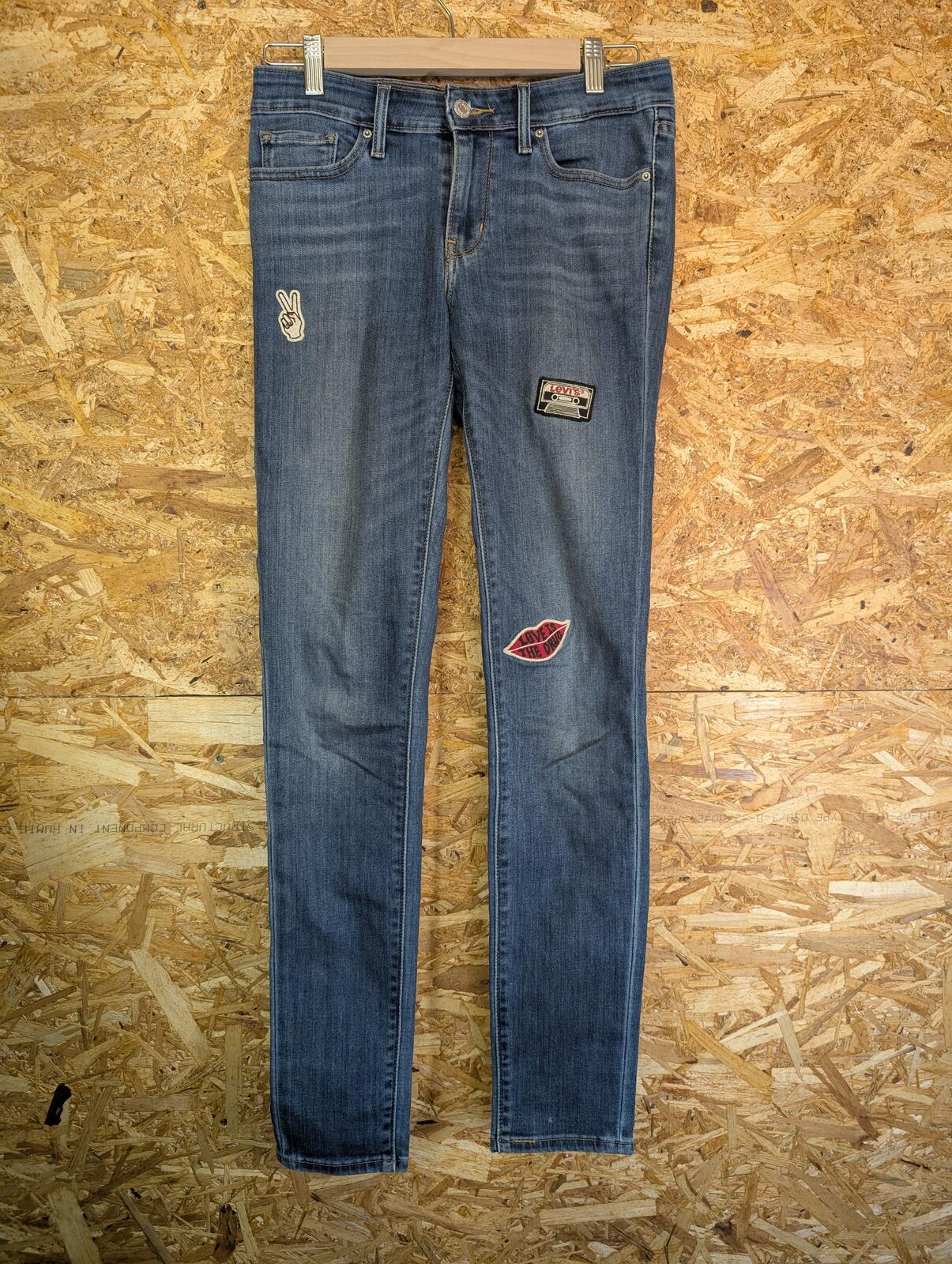 Levis 711 Skinny Jeans Size 10 W28 L31 Women Blue Stretch Red Tab Patches Zip