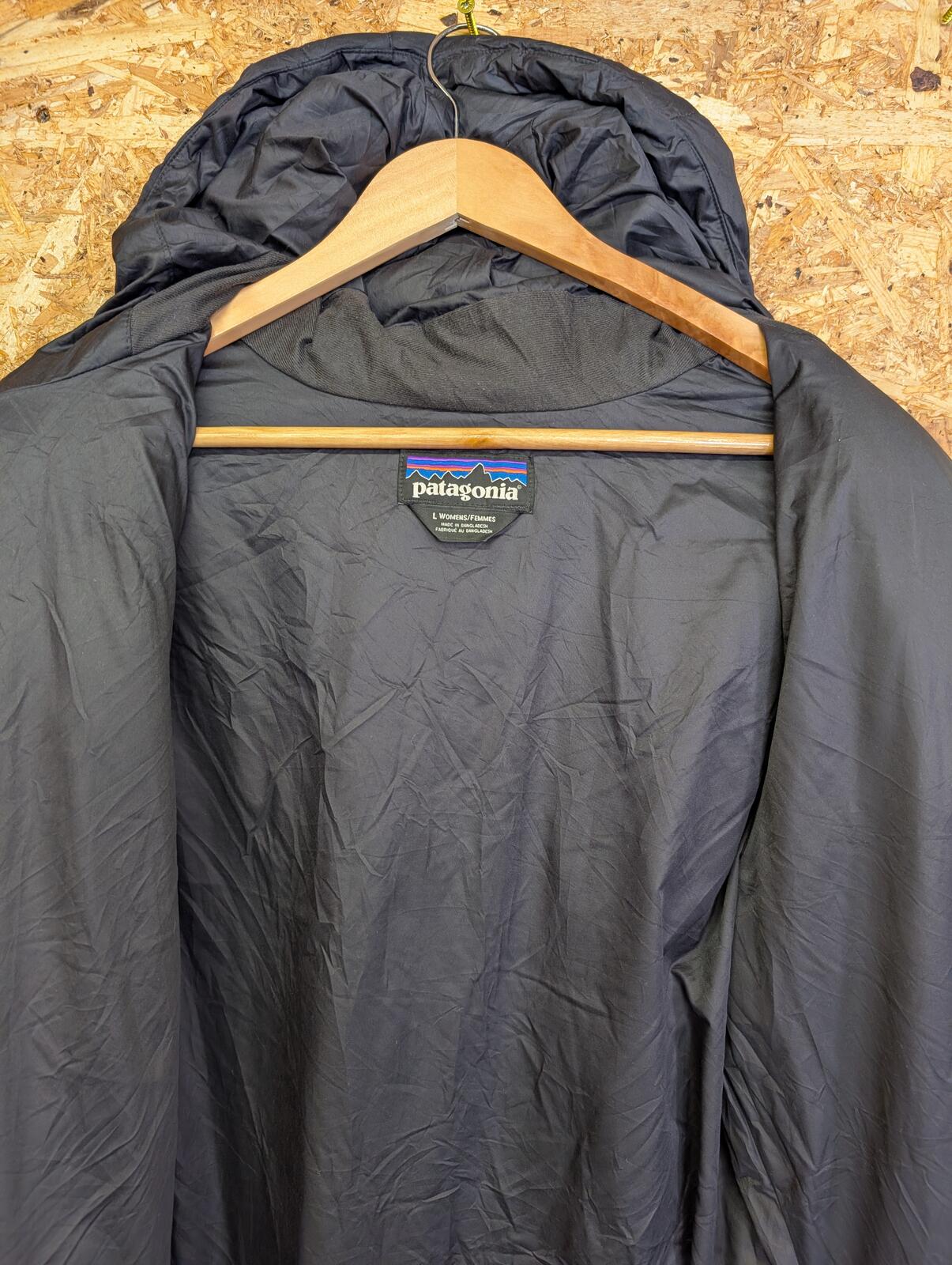 Patagonia Downtown Parka Puffer Coat Women Large Hooded Black Duck Down Feather