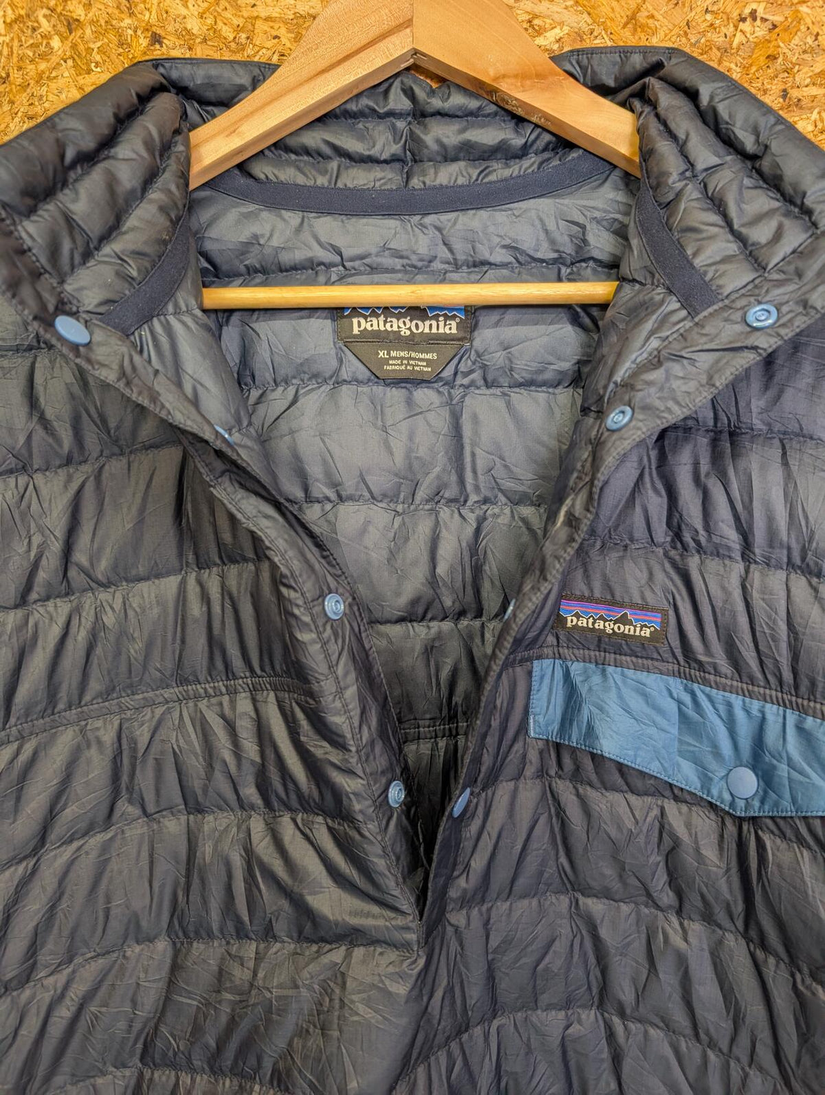 Patagonia Down Snap-T Pullover Large Men Navy Blue Quilted Primaloft Layer Nano