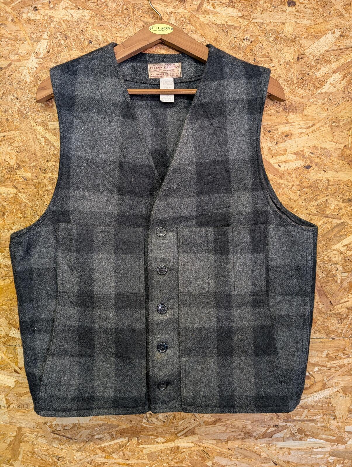 Filson Mackinaw Vest XL 44 Men Grey Black Check Wool Waistcoat Gilet Body Warmer