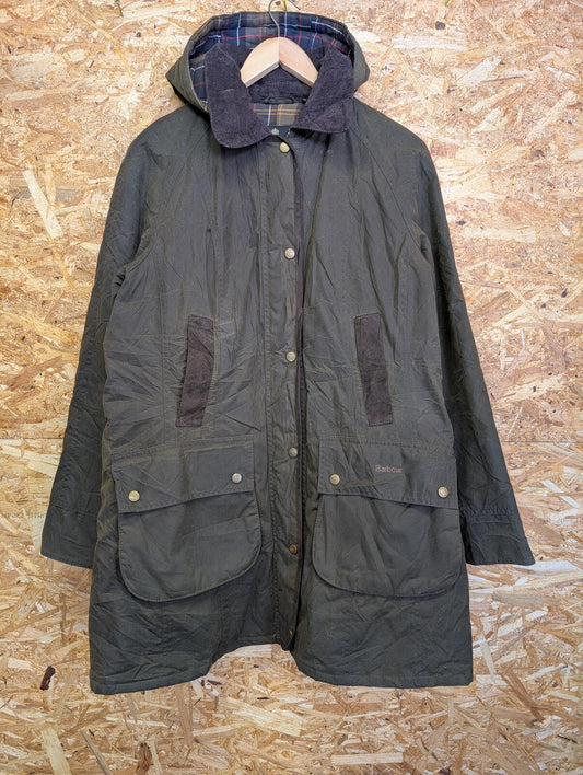 Barbour Bower Waxed Jacket Womens UK Size 16 Padded Hooded Coat Sage Green Long