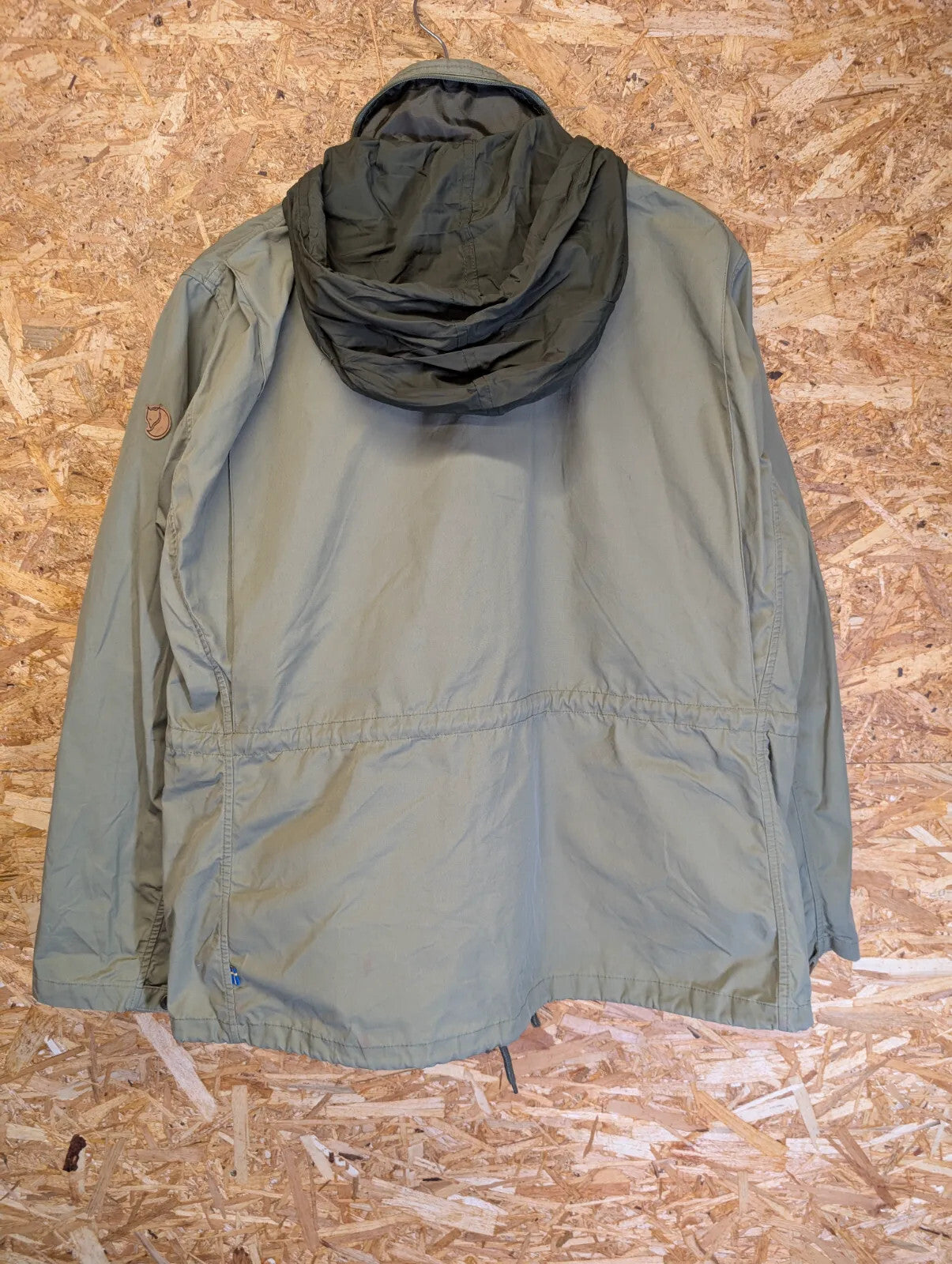 Fjallraven G1000 Wax Jacket Womens XL Khaki Green Stowaway Hood Full Zip Hiking