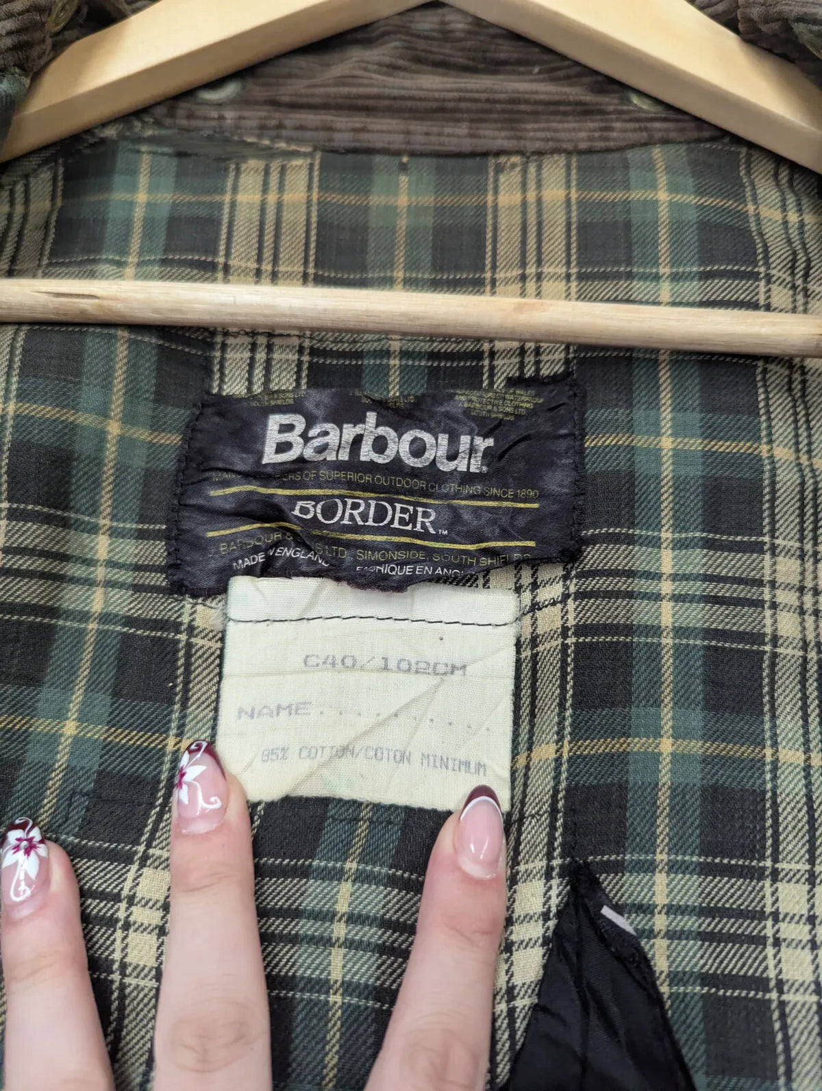 Vintage Barbour Border Wax Jacket Mens Medium C40 Sage Green Tartan Lining 80s
