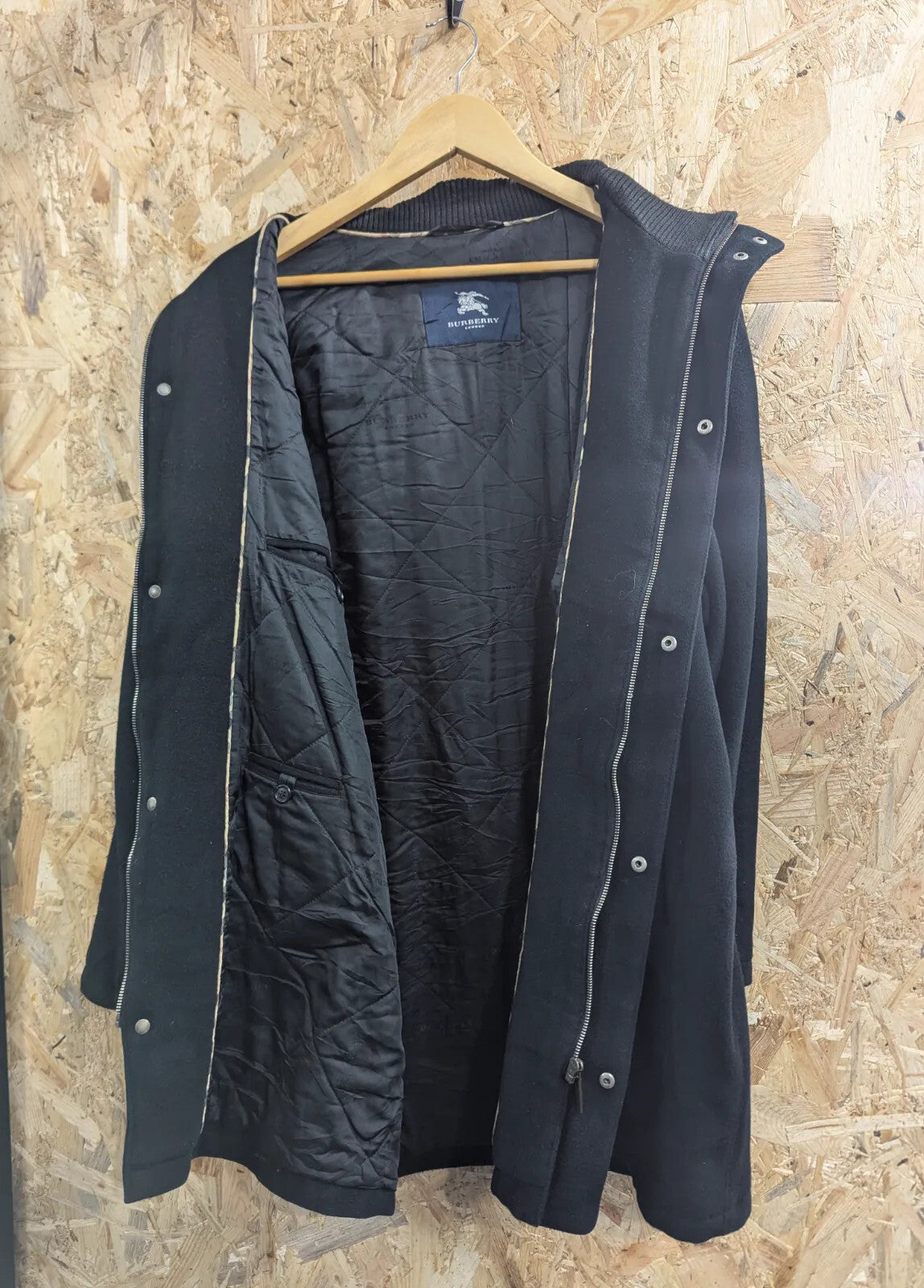 Vintage Burberry London Coat Mens XL Black Wool Cashmere Quilted Padded Nova