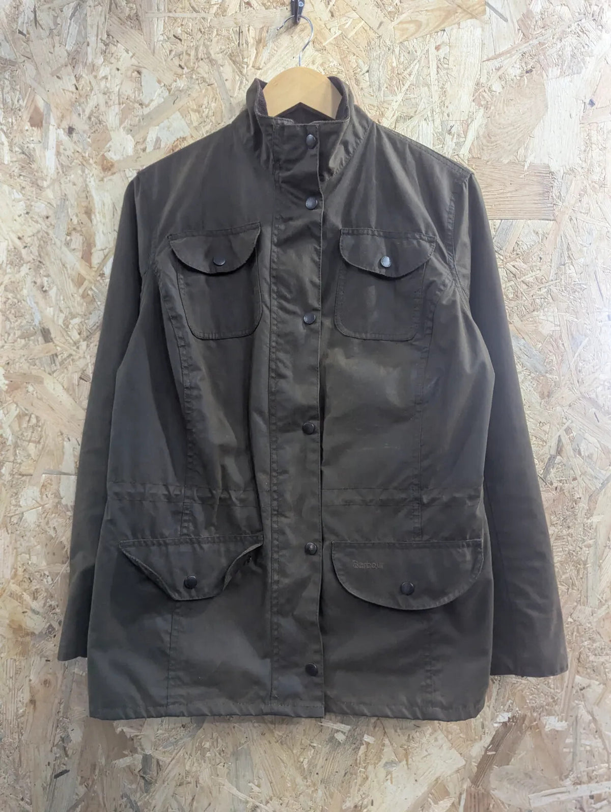 Barbour Sapper Wax Jacket Women UK14 Olive Green Cotton Tartan Lined Cord Collar