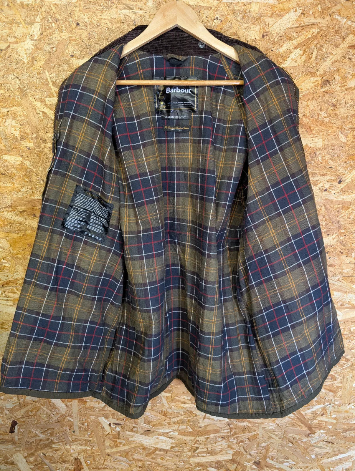 Barbour Classic Beaufort Wax Jacket Mens Large C44 Olive Green Cotton Tartan