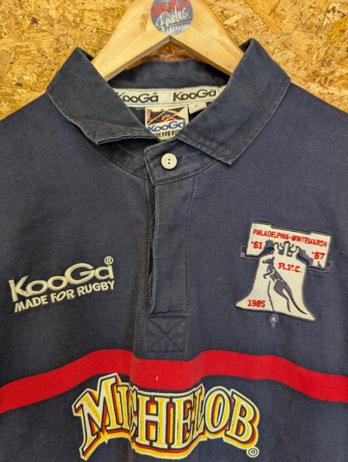 Philadelphia Whitemarsh Kooga Rugby Shirt Large Navy Cotton Striped Short Sleeve