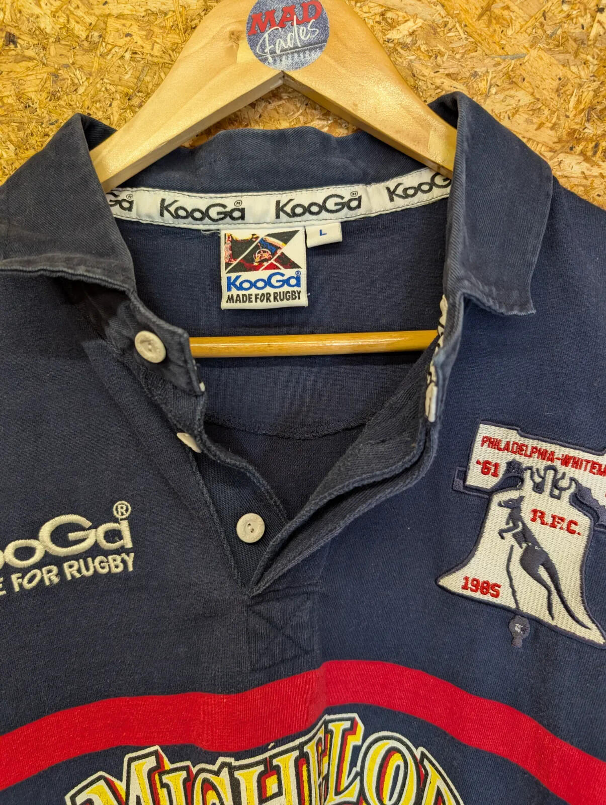 Philadelphia Whitemarsh Kooga Rugby Shirt Large Navy Cotton Striped Short Sleeve