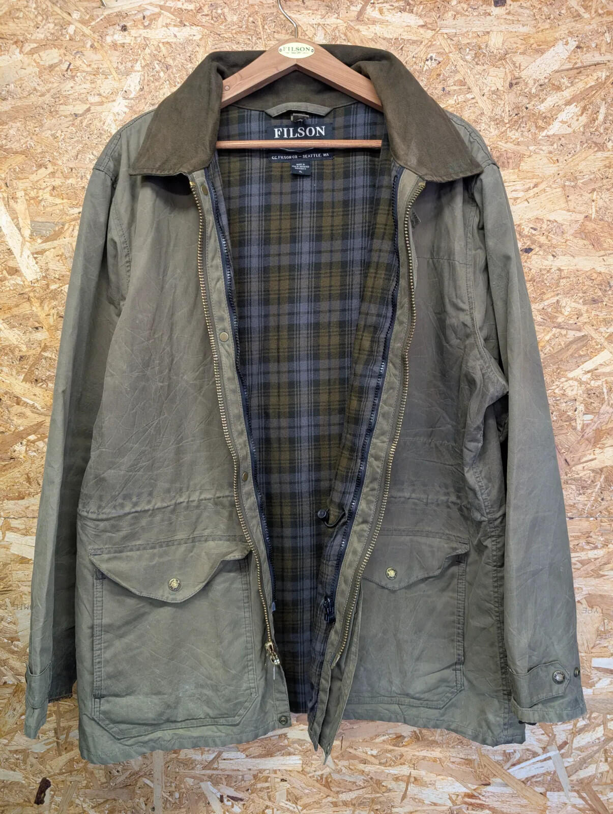 Filson Cover Cloth Mile Marker Coat Mens XL Wax Cotton Jacket Olive Tin USA Oil