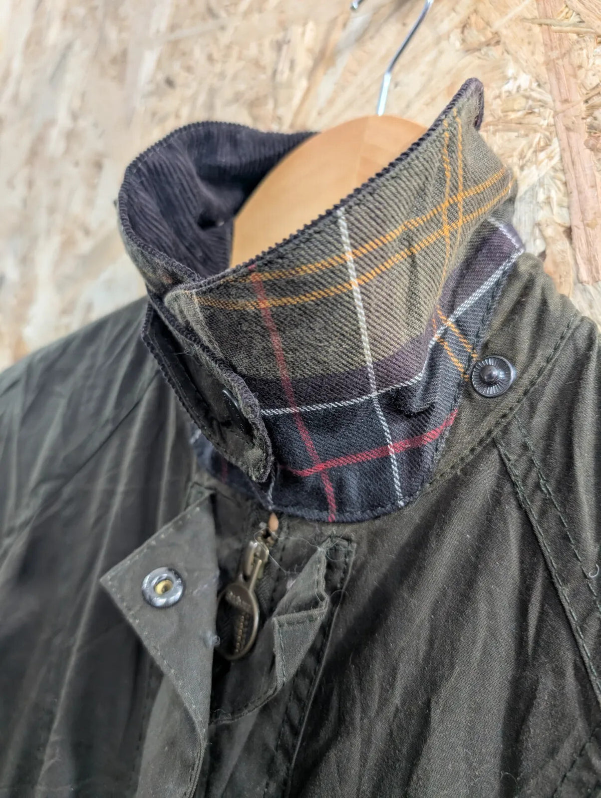 Barbour Beadnell Wax Jacket Womens UK8 Dark Olive Green Cotton Tartan Liner Cord