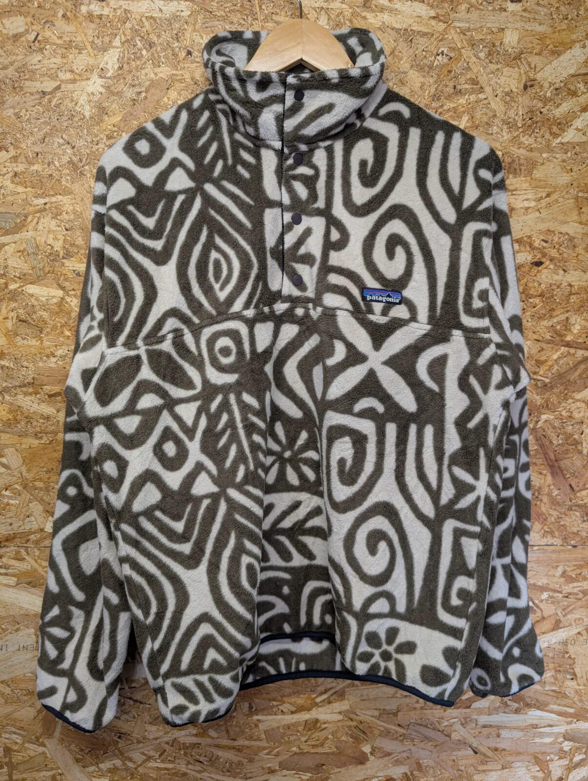 Patagonia Snap T Fleece Pullover Mens Small Brown Cream Tribal Pattern USA 90s