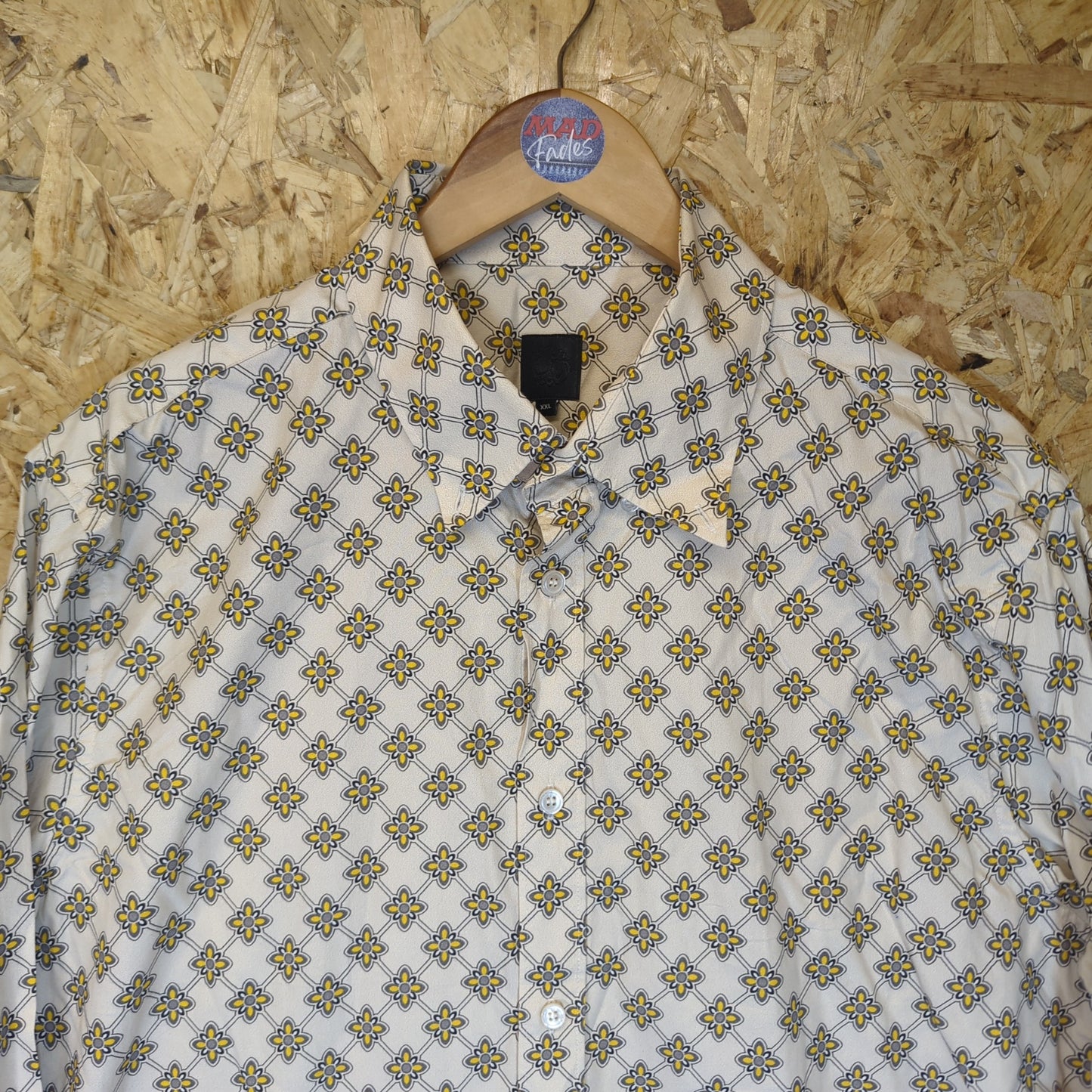 Pretty Green Black Label Floral Cotton Shirt Long Sleeve Cream Yellow Mens 2XL