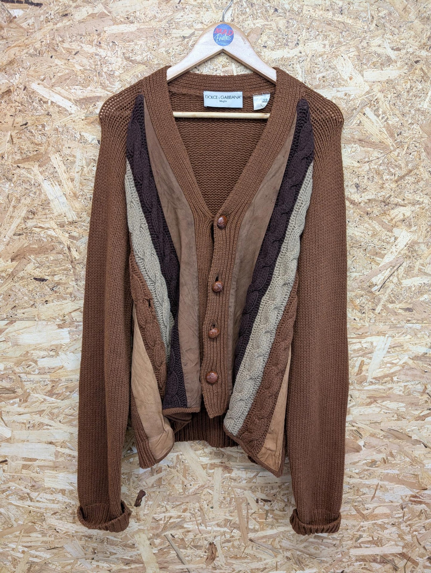 Dolce & Gabbana Large Cable Knit Cardigan Vintage 80s Brown Wool Leather Suede