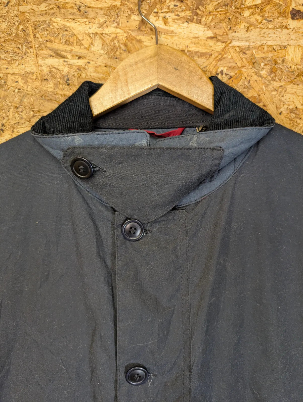 Barbour Deck Wax Jacket Mens XL Navy Blue Cotton Cord Collar Chin Strap South
