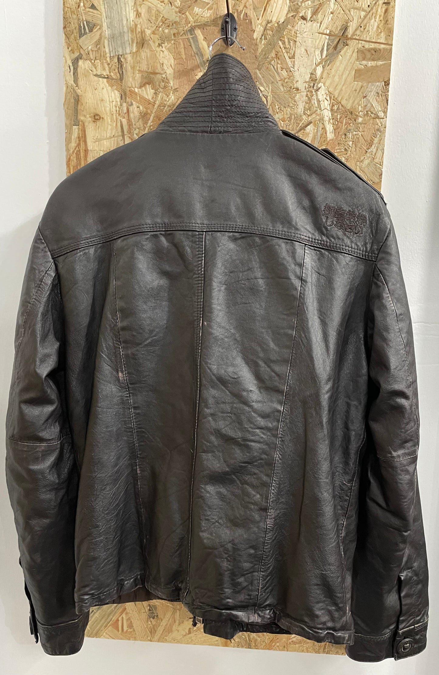 Superdry Brad Genuine Leather Cafe Racer Brown Biker Jacket Pocket Zip Large