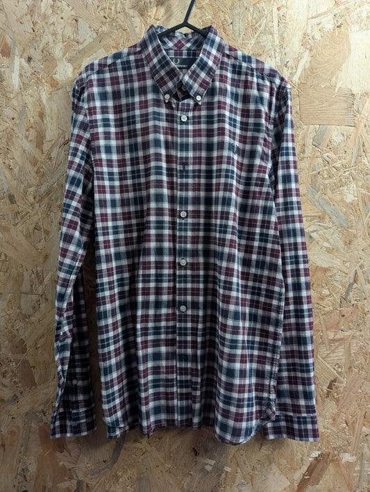 Fred Perry Shirt Men Medium Navy Burgundy White Check L/S Button Down Collar
