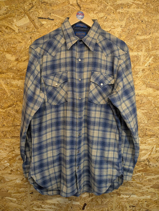 Pendleton Wool Shirt Medium Men Long Sleeve Plaid Western Blue Check Pearl Snap