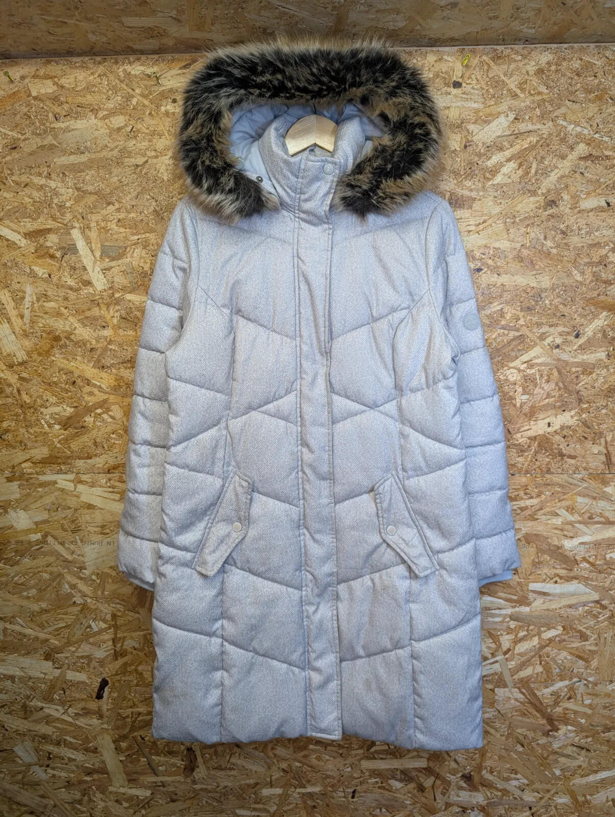 Barbour Sternway Quilted Coat Size 12 Womens White Grey Hooded Parka Beacon Long