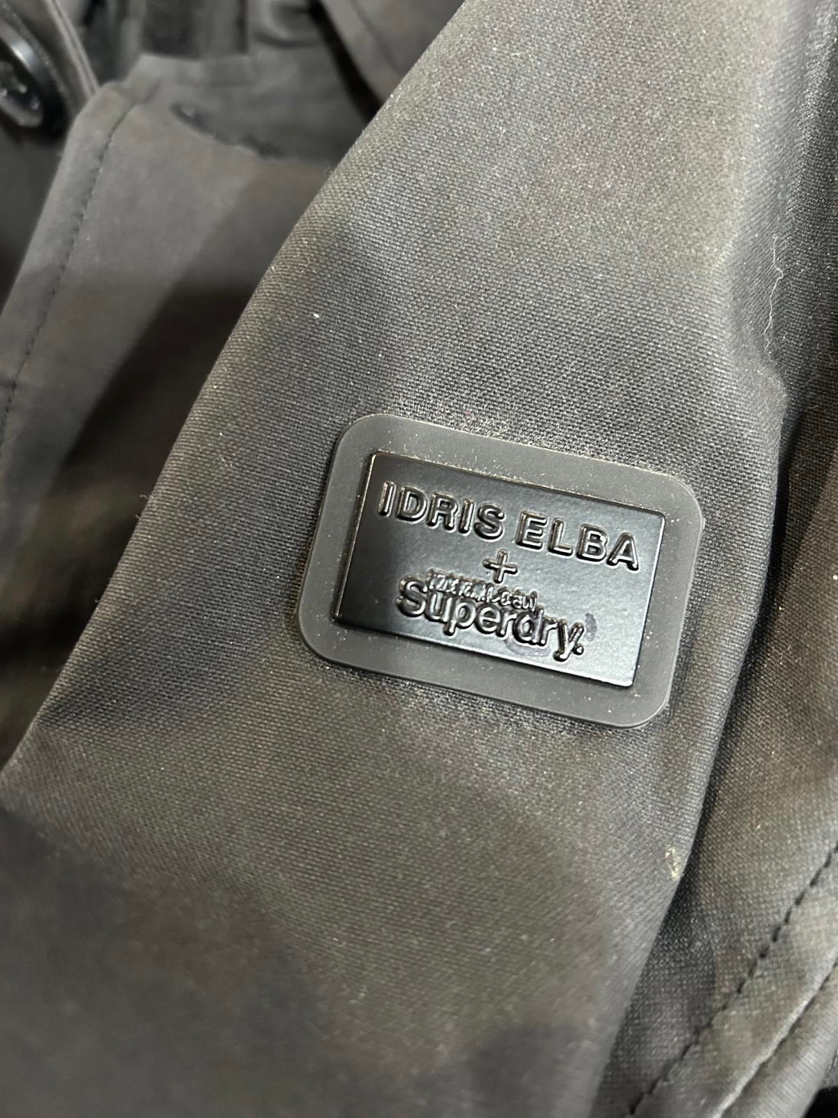 Superdry x Idris Elba Mens Size Small The Director Wax Coat Lined Hooded Black