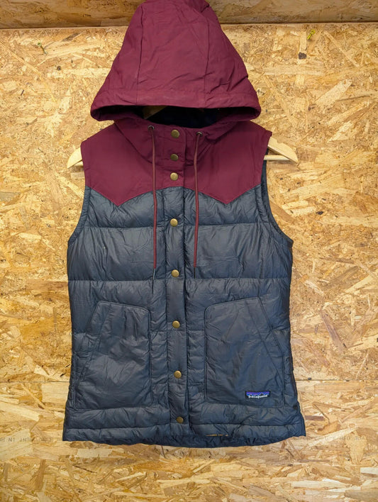 Patagonia Hooded Puffer Gilet Womens XS Navy Blue Burgundy Down Feather Fill