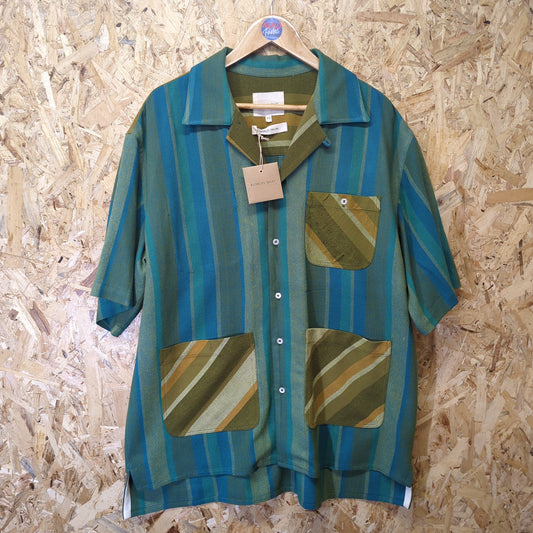 Nicholas Daley Camp Collar Green Stripe Short Sleeve Casual Button Shirt 40 2XL