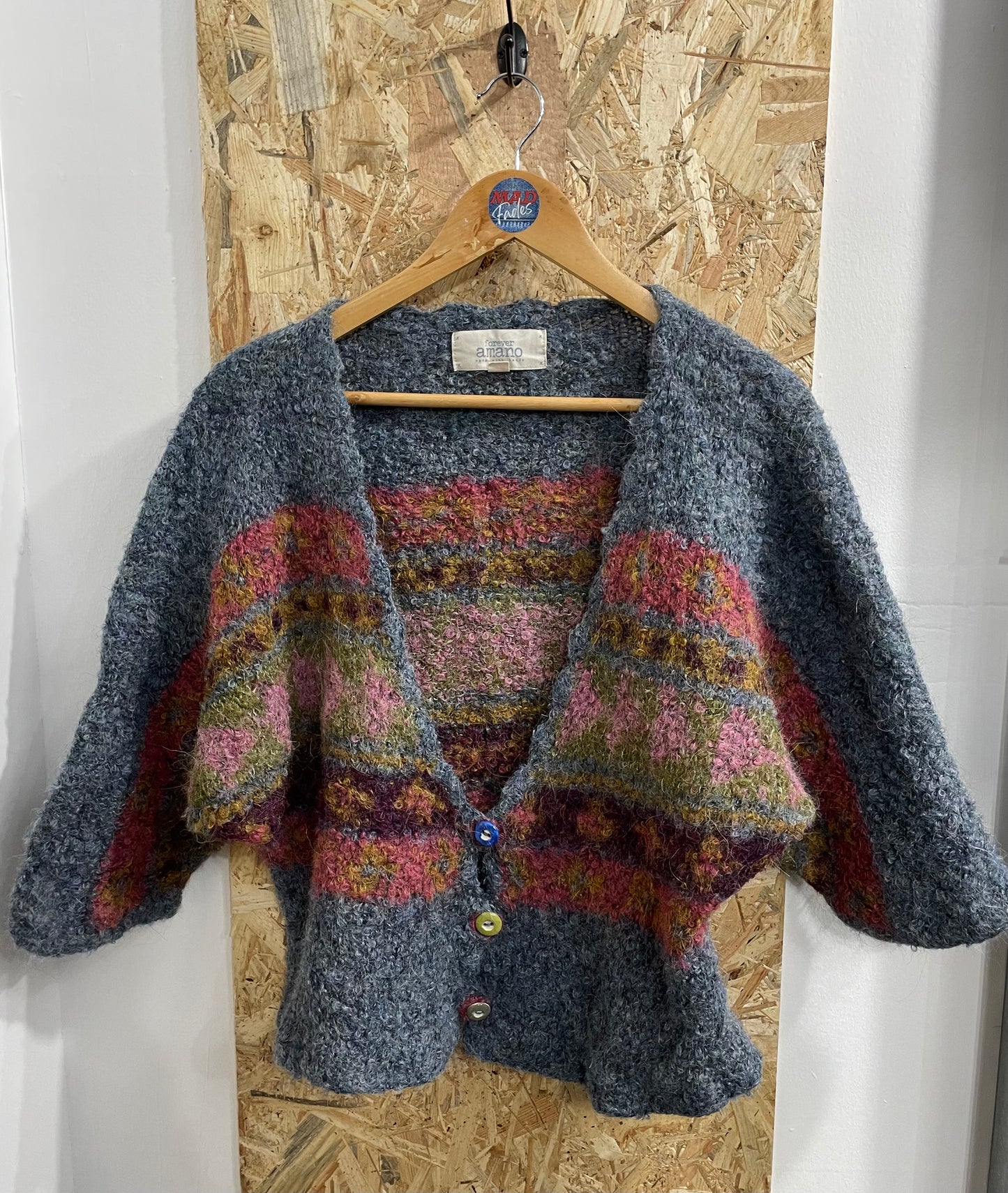 Forever Amano Multicoloured Patchwork Hand Knitted Wool Cardigan Small RRP £260