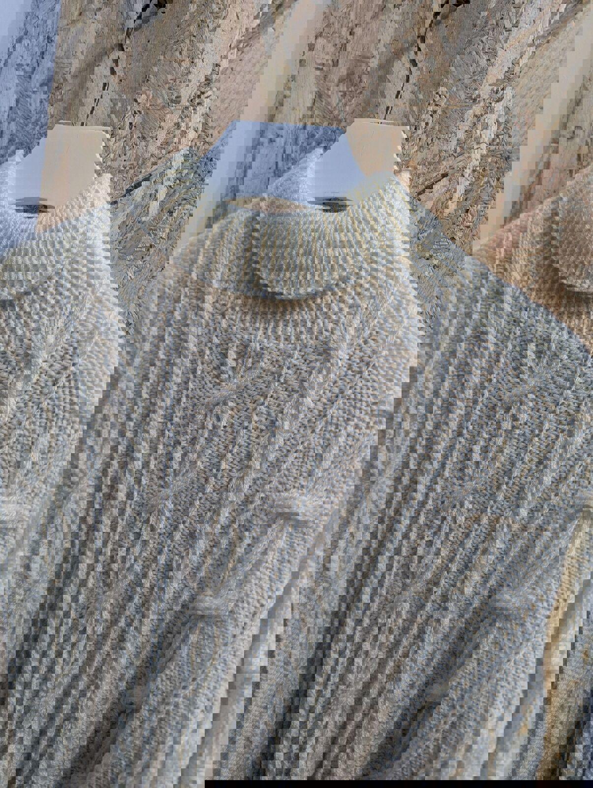 Mens Large Handmade Turtleneck Cable Knit Jumper Cozy Sweater White