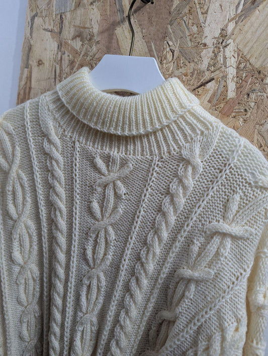 Mens Large Handmade Turtleneck Cable Knit Jumper Cozy Sweater White