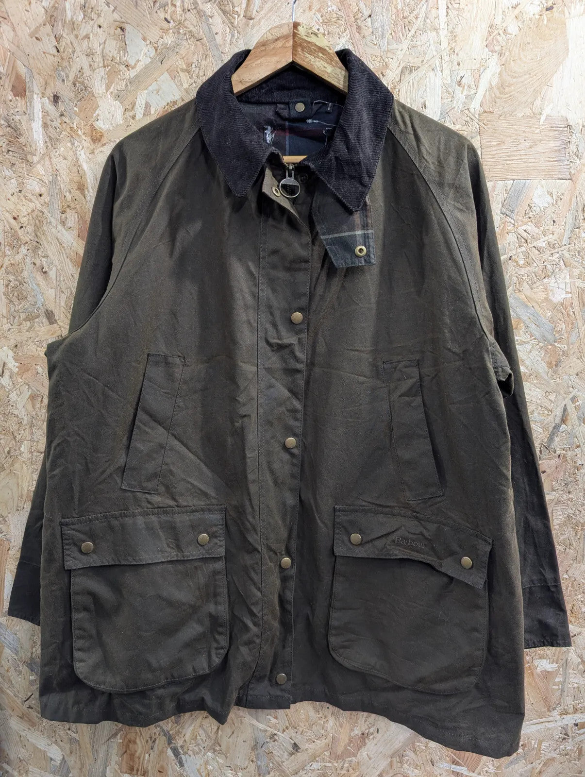 Barbour Acorn Wax Jacket Womens UK20 Olive Waxed Cotton Corduroy Collar Tartan