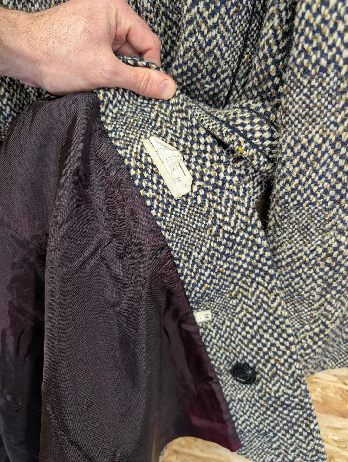 Windsmoor Wool Tweed Trench Coat Mac Long Blue White Made in England Size 14
