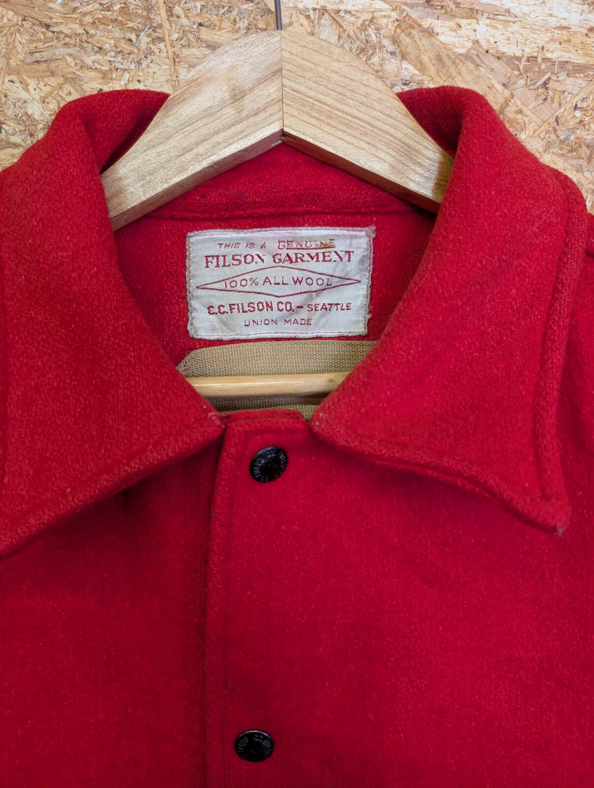 Vintage Filson Garment Wool Jacket Mens Red Large Snap Pockets Union Made USA