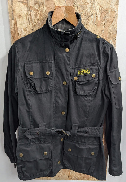 Barbour International Jacket UK Size 10 Women Belted Waxed Black Outdoor