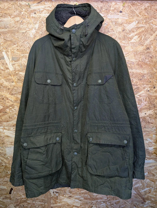 Barbour Brindle Hooded Jacket Men XXL Green Waxed Cotton Zip Fleece Parka Olive