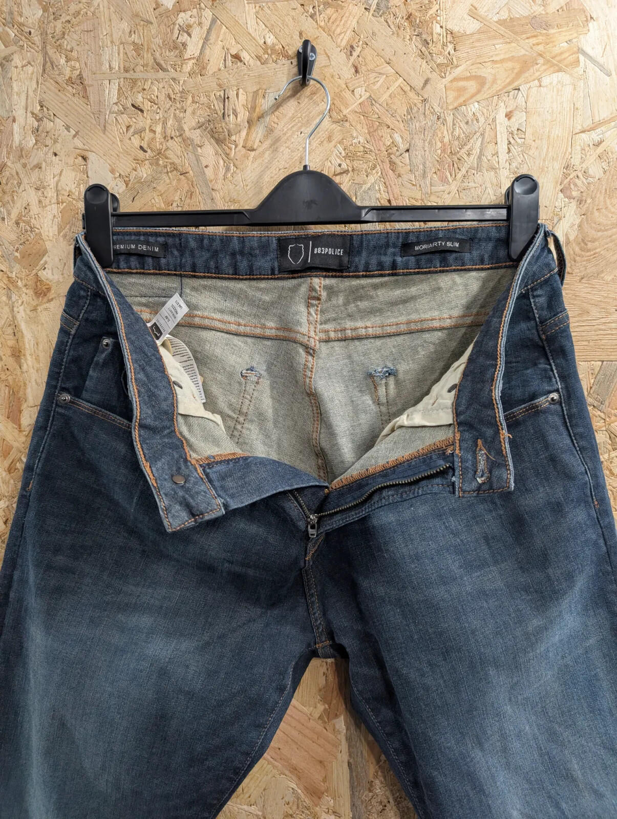 883 Police Moriarty Jeans Mens W36 L32 Dark Blue Denim Slim Fit Stretch Zip Fly