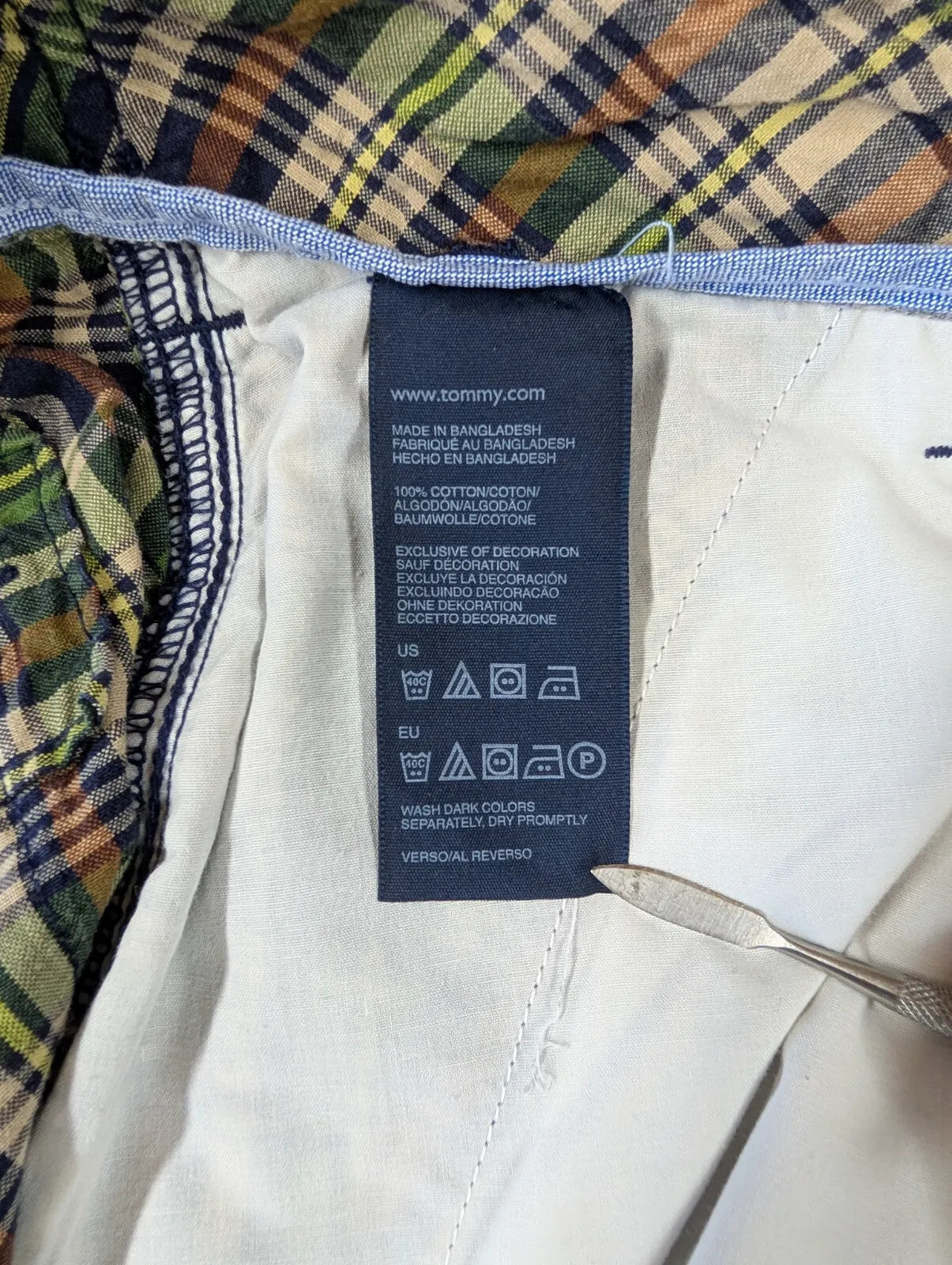 Vintage Tommy Hilfiger Chino Shorts Mens W31 Checked Cotton Plaid Zip Fly 90s