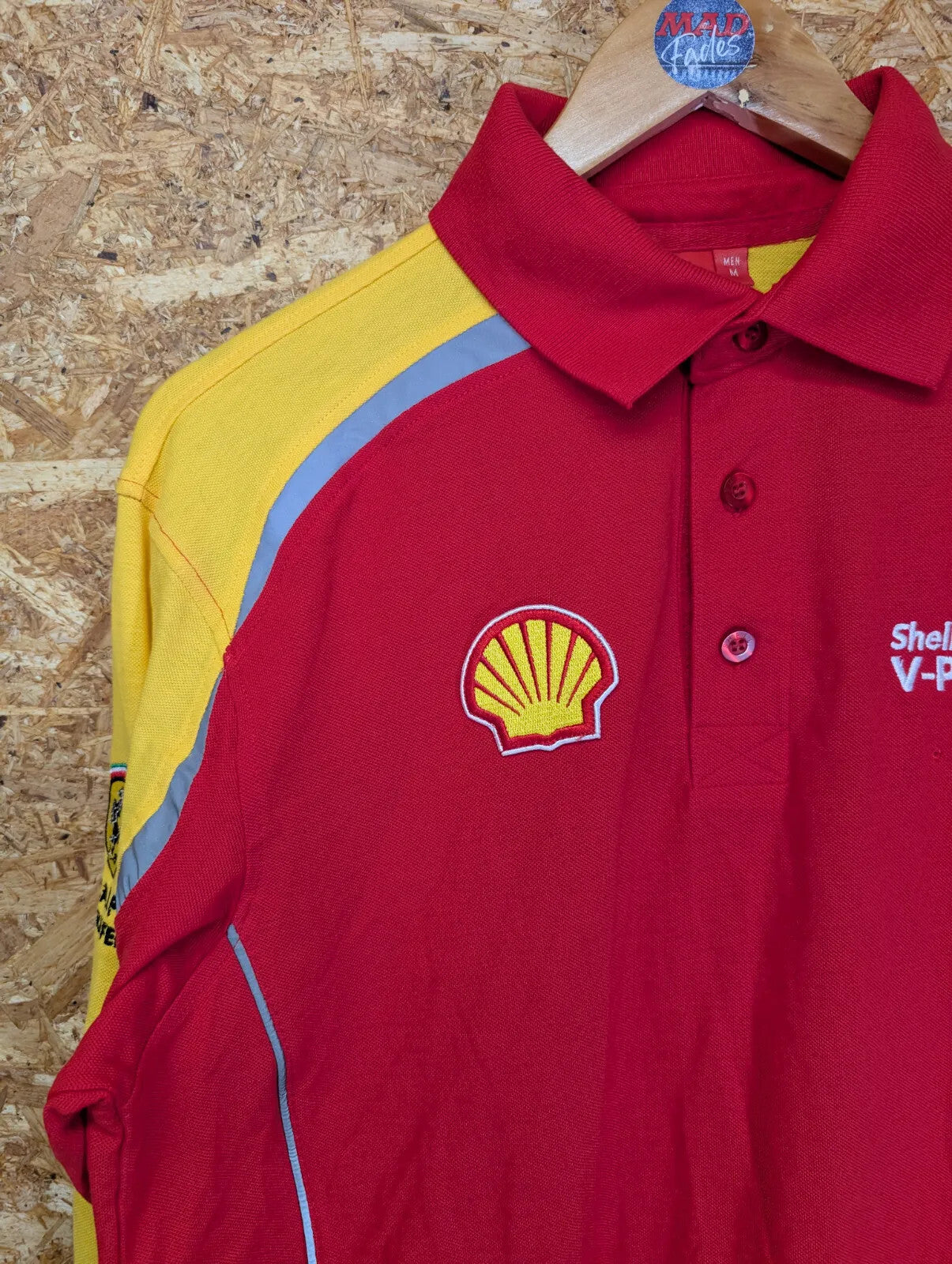 Ferrari Shell Long Sleeve Polo Shirt Mens Medium Red Yellow Cotton Reflective