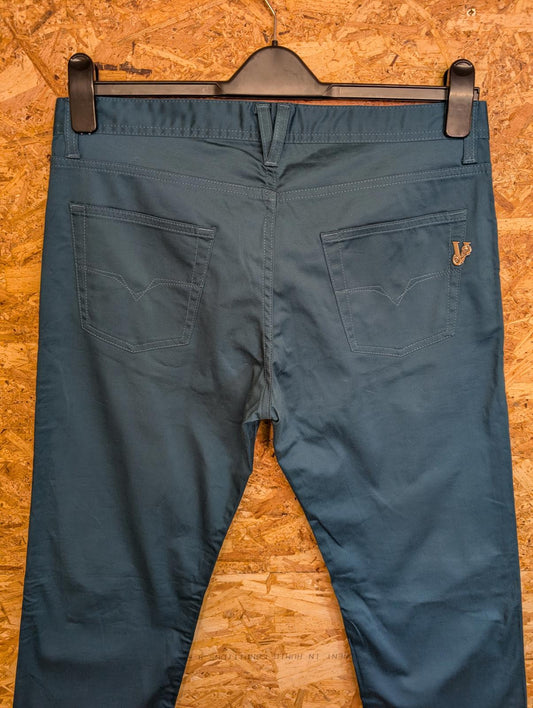 Versace Jeans W33 L34 Teal Blue Cotton Chino Trousers Zip Fly Made In Italy