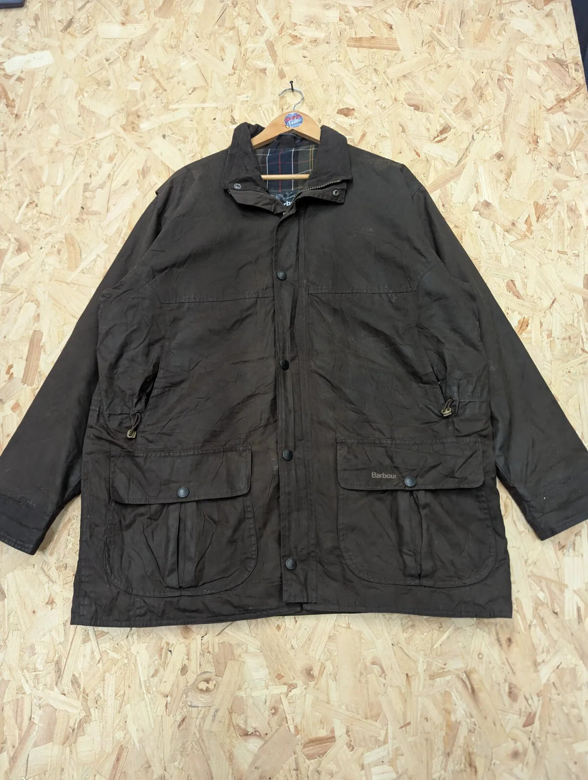 Barbour Trapper Wax Jacket Mens Large Brown Cotton Tartan Lined Breathable